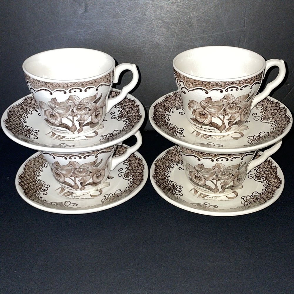 English Ironstone Tableware Staffordshire 4 Cup & Saucer Sets Orchid Brown